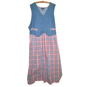Truly Yours Vintage Denim Plaid Maxi Dress 24W Cotton Cottagecore Americana